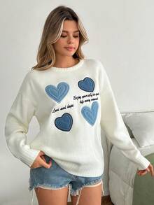 SHEIN SWEATER WITH DENIM HEART APPLIQUE EMBOIDERY - White - View 8