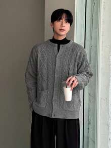 DAZY Men's Textured Jacquard Cardigan, Autumn/Winter - Grey - View 3