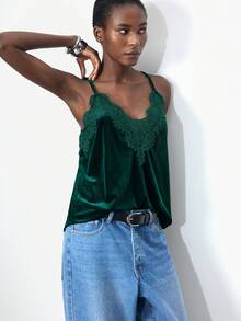 Maija 女士圣诞派对蕾丝拼接天鹅绒黑色吊带背心，适合秋冬季、情人节、节日、独立日、圣若昂节、毕业典礼、假日等场合。 - 墨綠色 - 查看 5