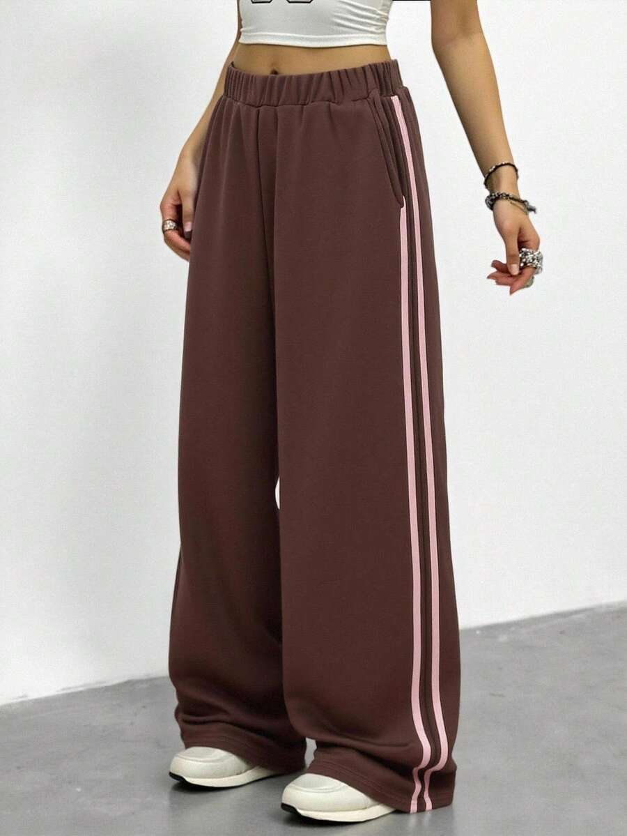 Sparklyn Girls Elastic Waist Wide Leg Casual Pants, Side Pink Stripe Accent, Sports Style Fashion Trousers, Draping Comfortable With Pockets - Brown - View 1
