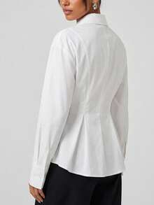 COSMINA Women's Casual Solid Color Button-Up Shirt, A-Line Hem Blouse, Elegant Office Wear, Suitable For Work, Fashion Versatile Piece, Suitable For Daily Wear, White Long Sleeve Shirt - White - View 4