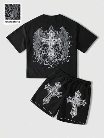 Ensemble t-shirt à manches courtes et short imprimé aile et croix, style décontracté pour homme en été