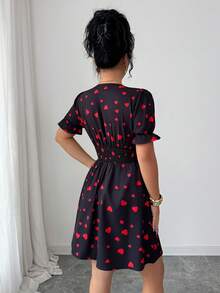 Elenzga Women's Elegant Heart Print V-Neck Ruffle Sleeve Waist Cinched Midi Dress, Summer - Multicolor - View 2