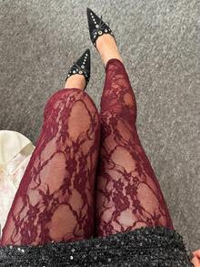 CovetEZ 酒红色蕾丝性感透视大码打底裤，秋冬款 - 酒紅色 - 查看 6