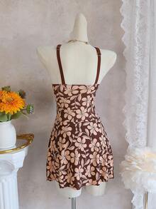 Swim Lushoire Women's Beach Music Festival Spring/Summer Floral Print Double Shoulder Strap Gathered Cinched Waist Mature Fashion Swimsuit - Multicolor - View 2