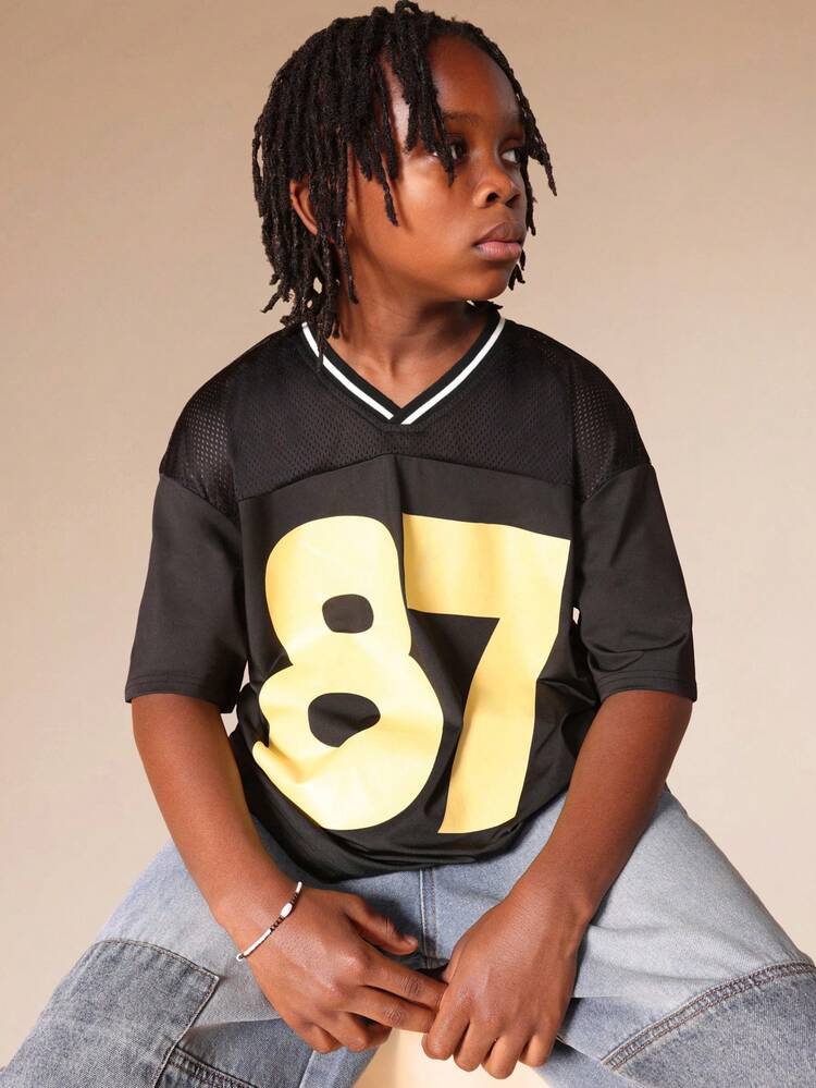 Mesh Panel V-Neck Tee With Number Print