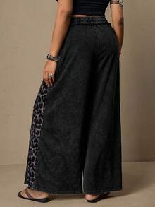 Freevana Plus Size Leopard Print Patchwork Vintage Distressed Casual Wide Leg Boho Pants - Black - View 2