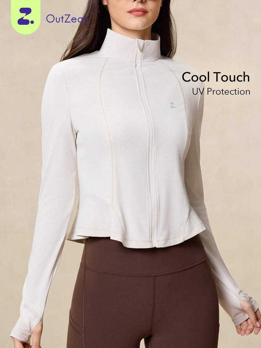 OutZeal 女士白色防晒夹克 夏季运动服 长袖上衣 防紫外线 凉爽触感 鱼尾下摆带拇指孔 - 白色 - 查看 1