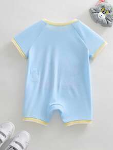 TOM & JERRY X SHEIN Baby Boy Cute Cartoon Pattern Contrast Trim Romper, Summer - Blue - View 2