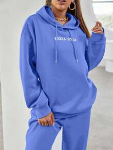 EURMUSE Bomull Slogan Grafisk Blue Drop Shoulder Dragsko Huvtröja & träningsbyxor - Blå - Visa 3