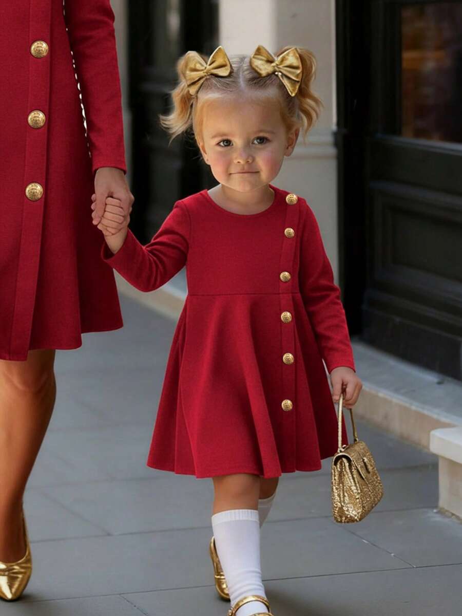 Baby Girl Cute Minimalist Navy Button Decor Long Sleeve Dress, Autumn/Winter  Fashion - Red - View 1