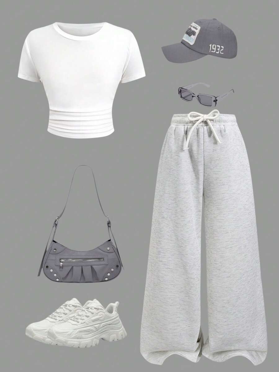 SHEIN Tween Girls' Summer Casual Solid Color Ruffle Short Sleeve T-Shirt And Wide Leg Pants Set - Grey - View 1