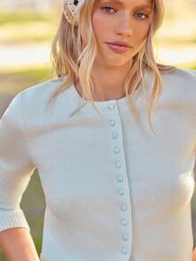 WESTFADE Áo khoác cardigan dệt kim ôm dáng, cổ tròn, tay dài, cài cúc phía trước. - Màu xanh nhạt - Xem 4