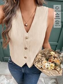 Vivid Eden 纯色V领无袖纹理面料休闲宽松背心 - 卡其色 - 查看 6