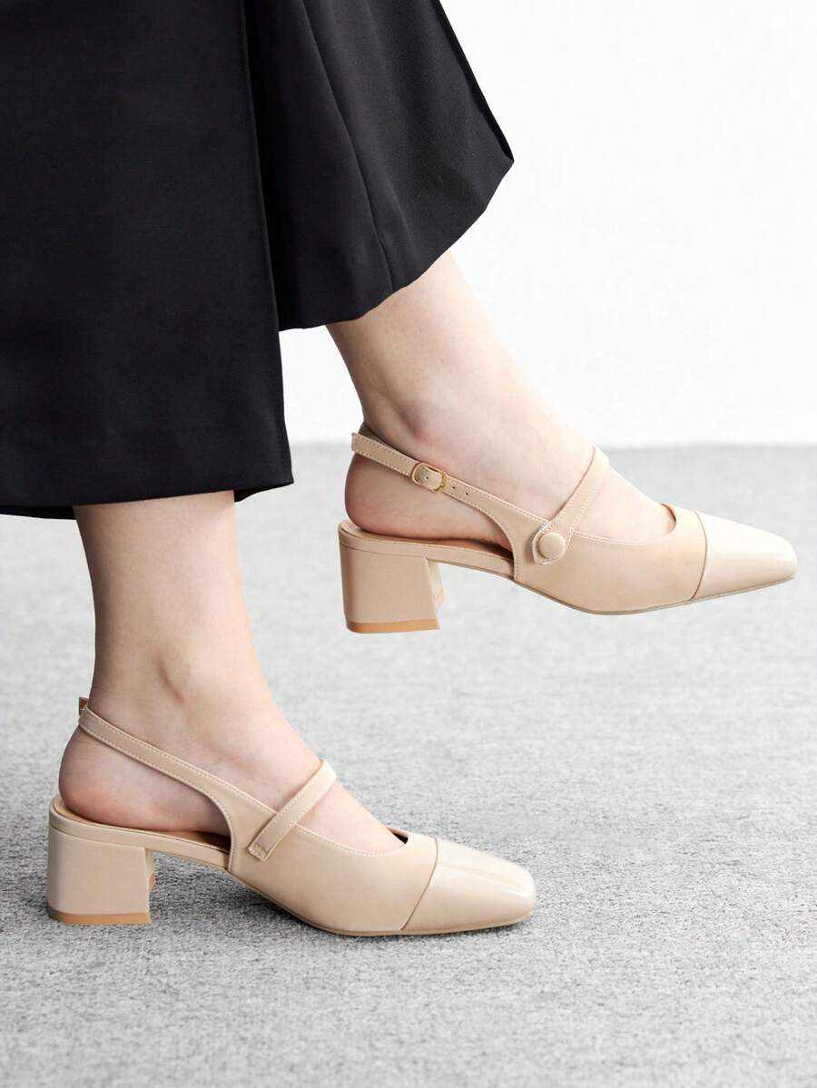 CUCCOO BIZCHIC 女士方头粗跟黑色后跟带时尚百搭简约通勤工作鞋，女士高跟穆勒鞋 - 深杏 - 查看 1