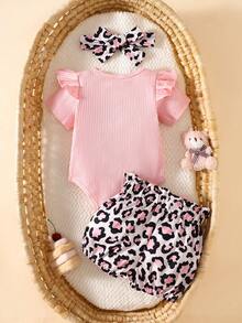 SHEIN Bộ 3 món dễ thương cho bé sơ sinh, kiểu dáng thường ngày, cổ tròn, tay bồng, có gân, thêu họa tiết, thích hợp cho mùa xuân/thu. - Màu Hồng baby - Xem 4