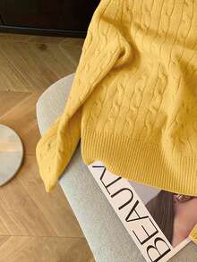 Resyla Damen Lässig Einfarbiger Zopfstrick Pullover, Herbst/Winter - Gelb - Übersicht 4