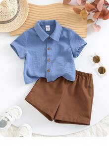2pcs/Set Baby Boy/Girl Casual Solid Color Short Sleeve Shirt And Elastic Waist Shorts Set, Suitable For Summer Home, Outing, Travel And Vacation - Multicolor - View 9