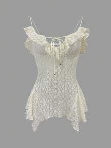 INAWLY Women's V-Neck Ruffle Hem Asymmetrical Lace Blouse - White - View 3