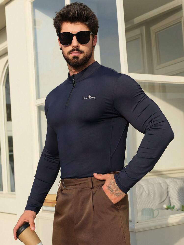 Men's Letter Embroidery Slim Fit Half-Zip Half-Turtleneck T-Shirt, Spring