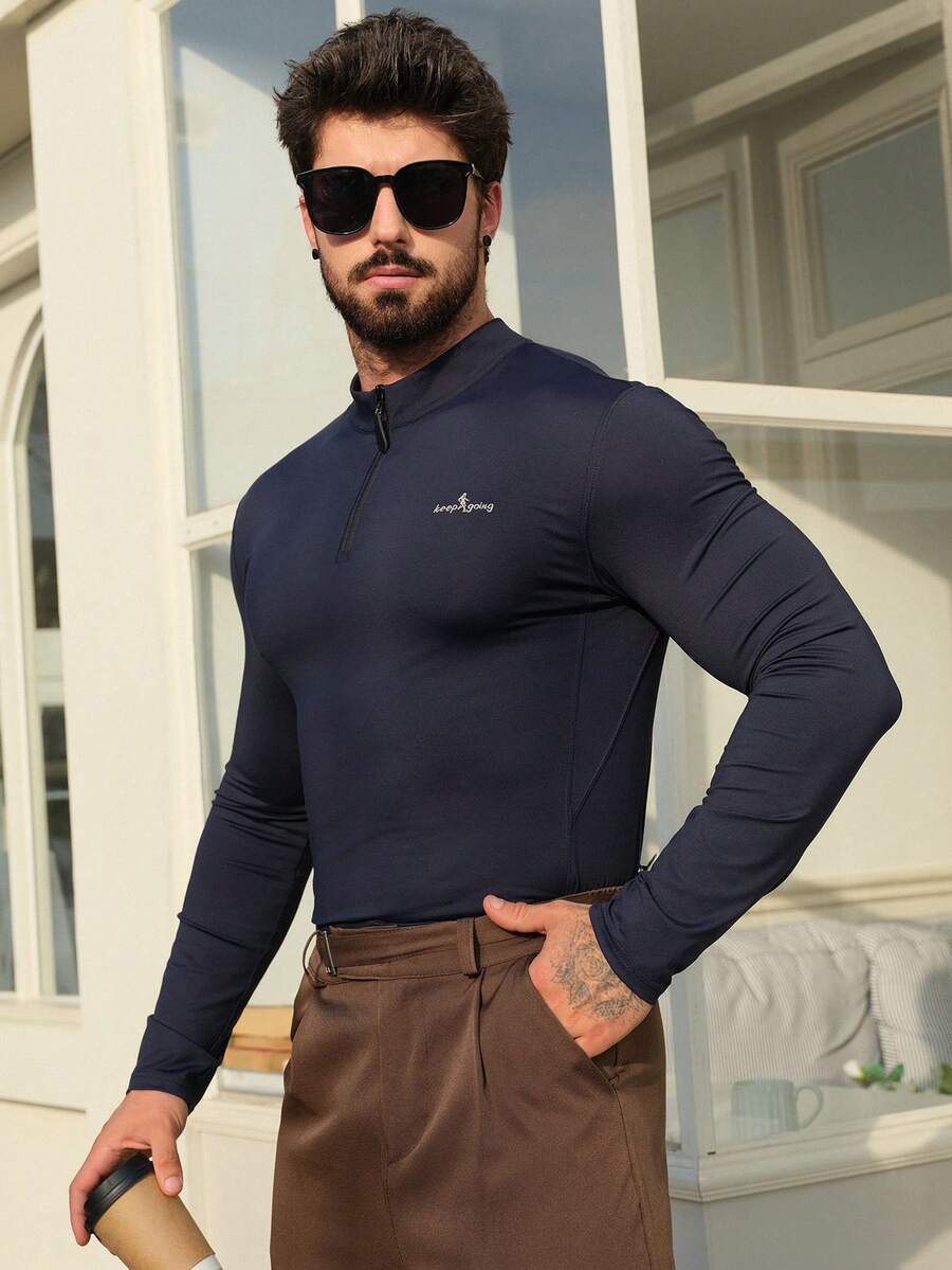 DAZY Men's Letter Embroidery Slim Fit Half-Zip Half-Turtleneck T-Shirt, Spring - Navy Blue - View 1