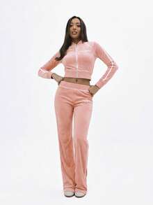 BABYPHAT Luxurious Velour Flare Joggers Wide Leg Cargo Pants With Side Stripes And Back Pockets Comfortable Lounge Wear Cute Pants Woman Pants - Coral Pink - View 5