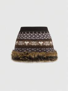 ROMWE Avant Váy len nữ cạp thấp họa tiết jacquard họa tiết tuyết mùa thu/đông Y2K - Hồng - Xem 2
