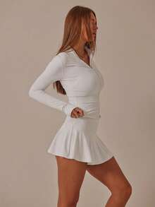 Aralina 休闲拉链长袖上衣和高腰骑行短裤两件套 - 白色 - 查看 2