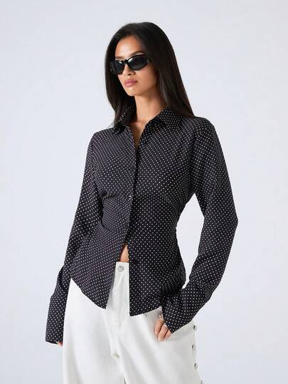 SHEIN EZwear Women's Elegant Polka Dot Print Long Sleeve Fitted Blouse, Spring/Autumn Polka Dot Blouse Black Polka Dot Shirt Office Blouse Polkadot Blouse Business Casual Top