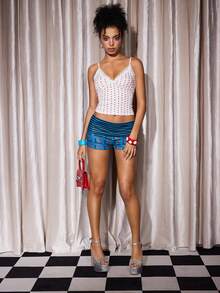 Y2Kool Maria Clara Maia 女士时尚条纹字母印花短裤，夏季沙滩短裤，蓝色条纹短裤，女士短裤，春季穿搭，Y2K 狂欢节服装 - 彩色 - 查看 6