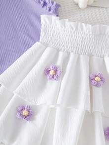 Genkimix Kids Set Pakaian Liburan Anak Perempuan yang Imut: Rompi Berenda di Bagian Bawah Dipadukan dengan Rok Kue Patchwork, Dekorasi Bunga 3D dari Benang Buatan Tangan - Purple - View 6