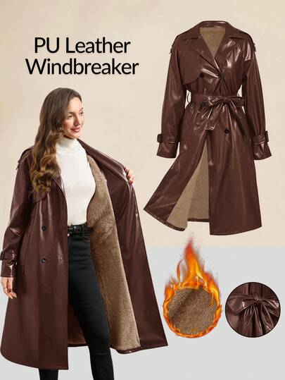 Ellevyn 女士安哥拉红PU皮长款防风外套，秋冬季保暖隔热