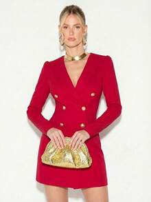 Mujer elegante moda vestido ajustado botones decorativos tela elástica color sólido escote en V manga larga otoño invierno fiesta minivestido,Formal,Oficina,Estilo clásico adinerado - Rojo - Ver 2