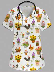 PopScrub 女士白色V领短袖花卉小鸡印花休闲衬衫，植物图案护士/医生制服上衣，兽医/营养师工作服，多口袋功能性工作服，可爱又舒适 - 白色 - 查看 1