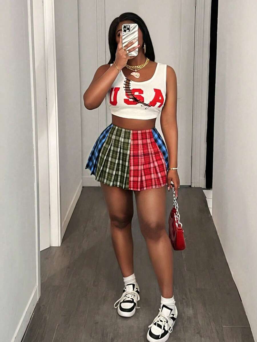 BamGleam 女士撞色格纹简约休闲半身裙 - 彩色 - 查看 1