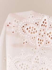 Poéselle 女款度假休閒純色鏤空刺繡綁帶上衣與長褲兩件套 - 白色 - 查看 9