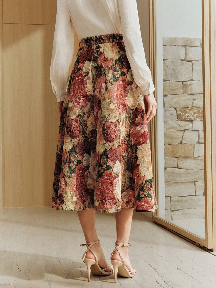 Women's Elegant High Waist A-Line Flared Skirt, Vintage Artistic Oil Painting Floral Design, Retro Palace Style, Spring/Summer