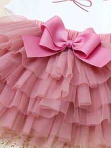SHEIN Accessoires de photographie pour nouveau-né fille Tenue de retour à la maison pour bébé fille d'1 mois Barboteuse avec jupe TUTU et serre-tête nœud Cadeau de douche pour nouveau-né - Multicolore - Voir 4