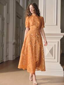 Anewsta Women's Yellow High Neck Fitted Mesh A-Line Dress, Elegant Embroidered Long Sleeve Dress, Spring/Summer - Yellow - View 4