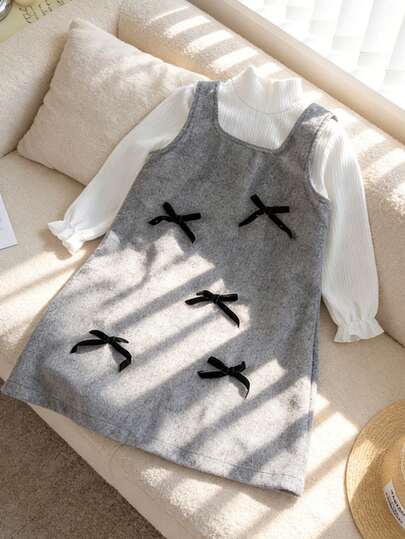 Genkimix Kids 2pcs/Set Young Girl Cute White Knit T-Shirt And Gray Velvet Bow Decor A-Line Dress, Korean Style