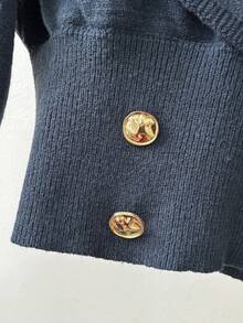 Franclia كنزة صوفية صوفية قصيرة للنساء ذوات الحجم الكبير، بياقة متقاطعة رسمية، أكمام طويلة، لون أزرق داكن، بتصميم بسيط وأزرار معدنية مزيفة، مناسبة للخريف والشتاء - أزرق بحري - مشاهدة 5