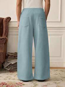 SWAVVY Men's Casual Solid Color Drawstring Loose Pants With Pockets - Blue - View 2