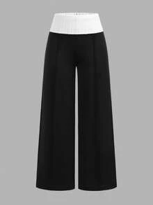 Teen Girl Street Style Casual Back To School Retro Daily Y2K Ribbed Knit White Cuffed & French Black Flare Pants - Black and White - View 5