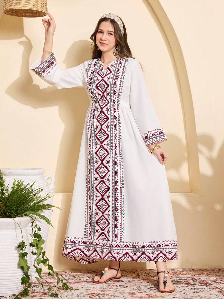 Arab Traditional Geometric Print Flare Sleeve Dress, Elegant Vintage Style For Teenage Girls - Apricot - View 5