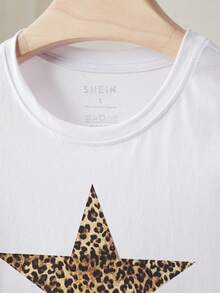 Glimmora 女士豹纹星形图案短袖T恤，圆领 - 白色 - 查看 4