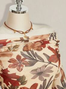 SHEIN ICON Blusa de punto con hombros descubiertos, estampado retro Y2K, malla en los costados y cordón ajustable, talla grande - Albaricoque - Ver 6