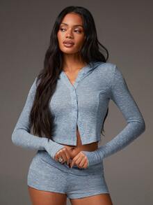 Athîral Women's Casual Long-Sleeved Single-Breasted Hooded Knit Top And Shorts Two-Piece Set In Blue, Hooded Cropped Top,Folded-Over Waist Shorts,Fitted Silhouette,Soft Woven Fabric,Blue Suit,Summer Holiday Outfits,Spring Outfit Women,Going Out Set,Casual Set - Blue - View 4