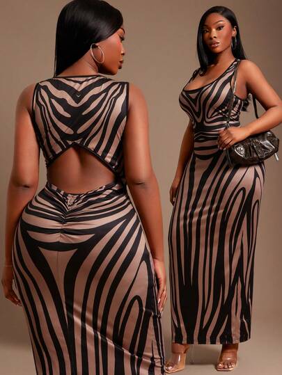 SHEIN SXY Plus Size Women's Elegant Sexy Fitted Zebra Print Body Curve Positioning Pattern Dress, Backless Dress, Suitable For Daily Outing, Dating, Party, Birthday Wear