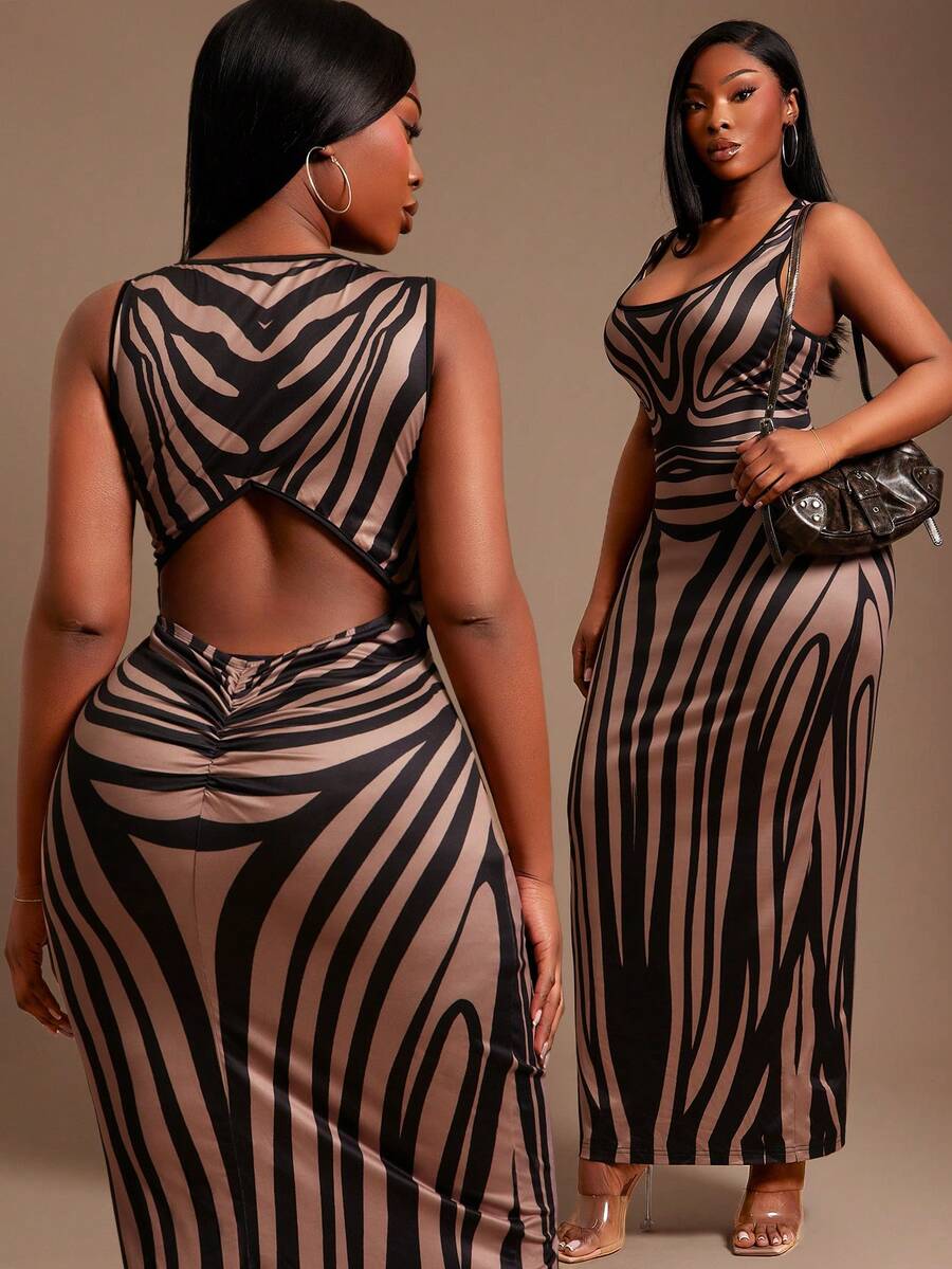 SHEIN SXY Abito elegante e sexy aderente da donna taglie forti, con motivo a stampa zebrato che valorizza le curve, abito senza schiena, adatto per uscite quotidiane, appuntamenti, feste, compleanni - Albicocca - Visualizzare 1