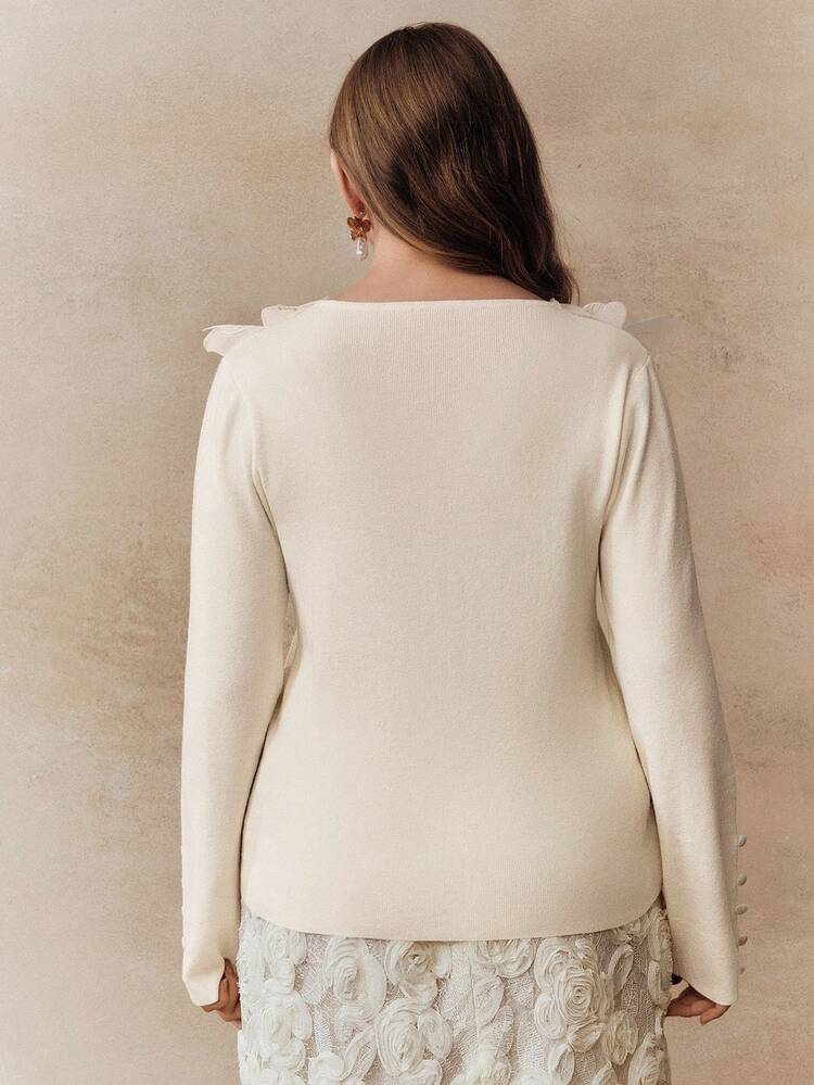 Elegant Sophisticated French Design Lace Petal V-Neck Sweater, Suitable For Christmas, Thanksgiving, Plus Size, White